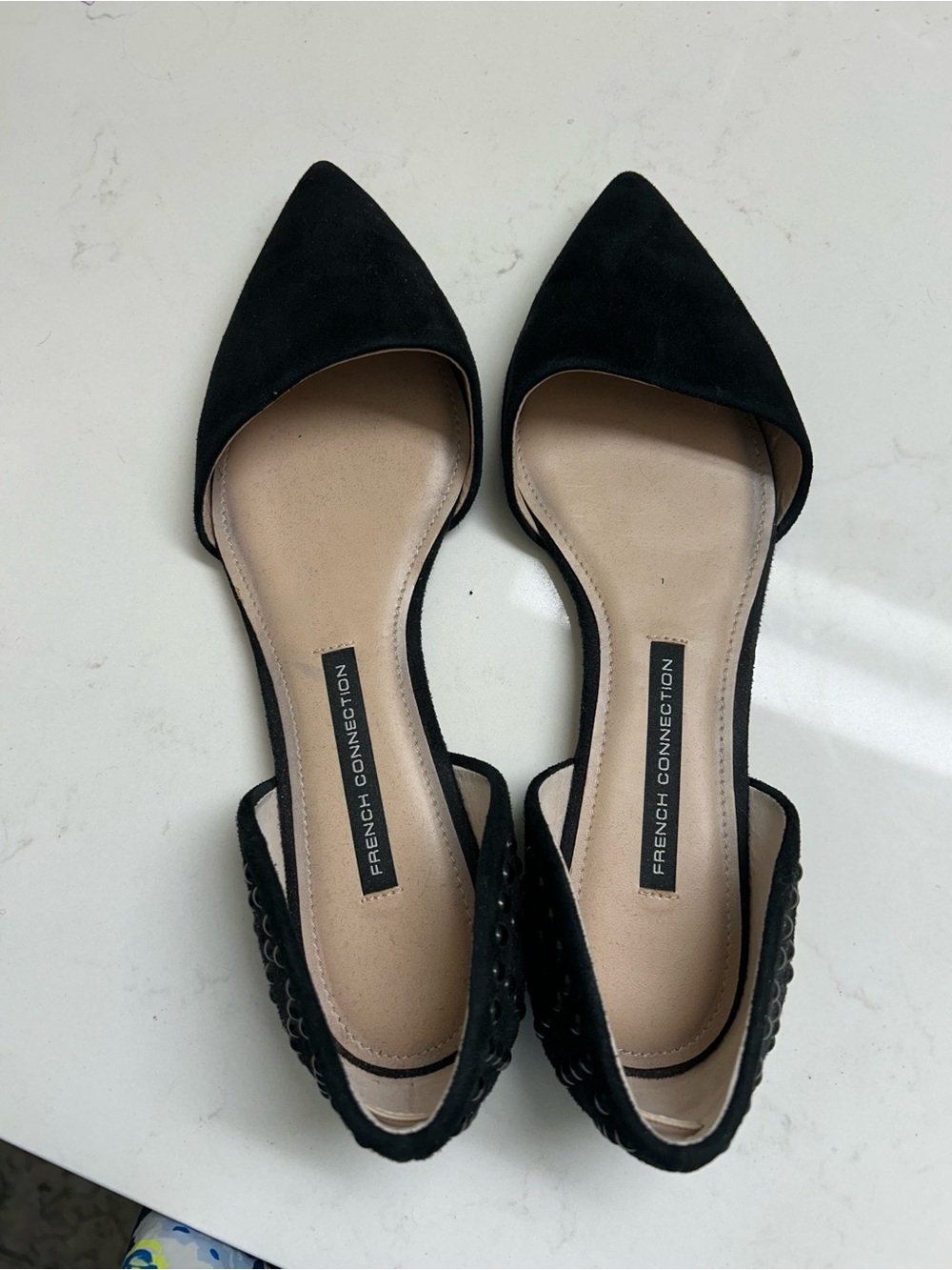 French Connection Black Pointed Suede D'Orsay Flats with Scalloped Heel
